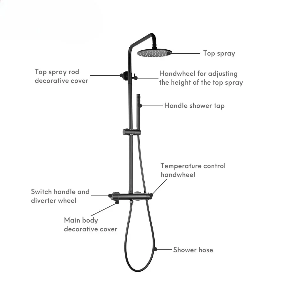 High Quality Bath Thermostatic Black Rain Shower Set Brass Hotel Bathroom Faucet Set view 2