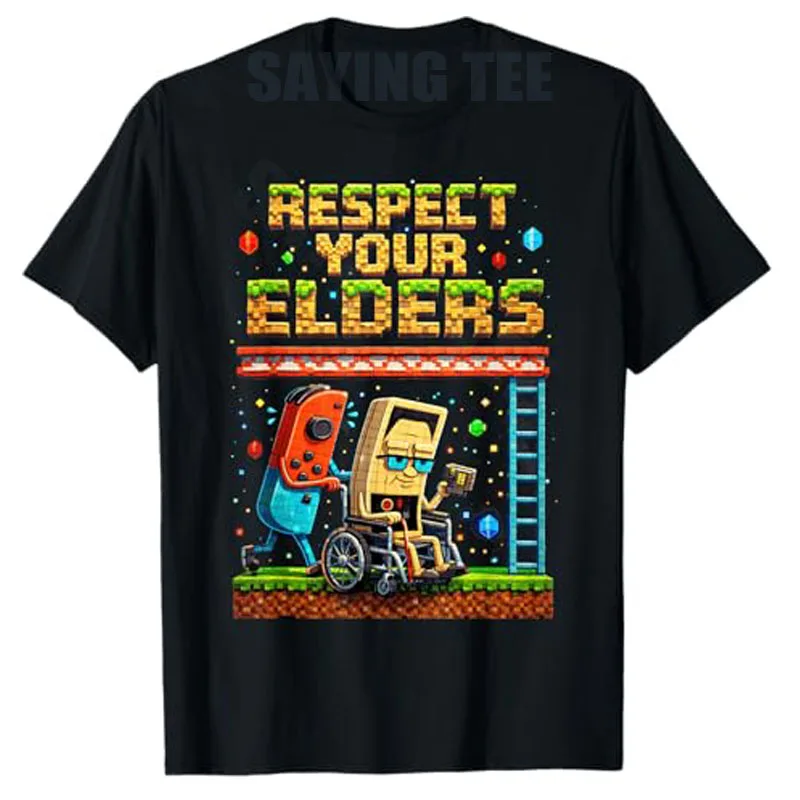 Respect Your Elders Retro Gaming Pixel Gamer Controller T-Shirt Y2k Men's Fashion Novelty Gift Sarcastic Gamer Jokes Saying Tee