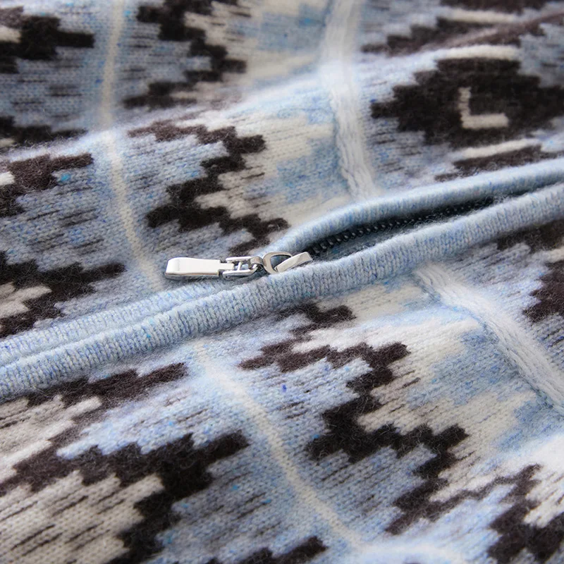 Blue Fair Isle Jacquard Women's Cardigan Round Neck Thickened 100% Cashmere Sweater Knitted Loose Zipper Sweater Coat