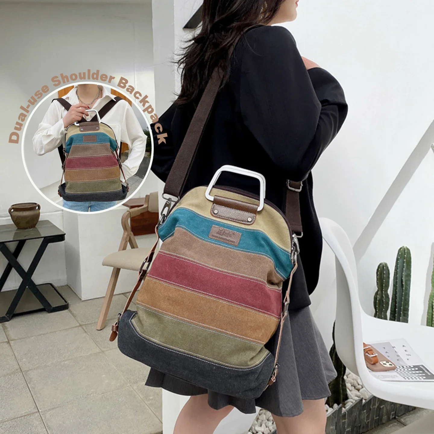 

Women Color Block Striped Canvas Backpack Convertible Single Shoulder Colorful School Bag Casual Daily Travel Rucksack Ladies