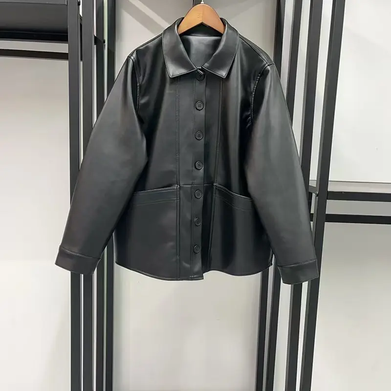 Women's Eco-Friendly Leather-Look Jacket, Single-Breasted Lapel Casual Loose-Fit Jacket, 2026, New Style,Y2K, High-Quality Parka