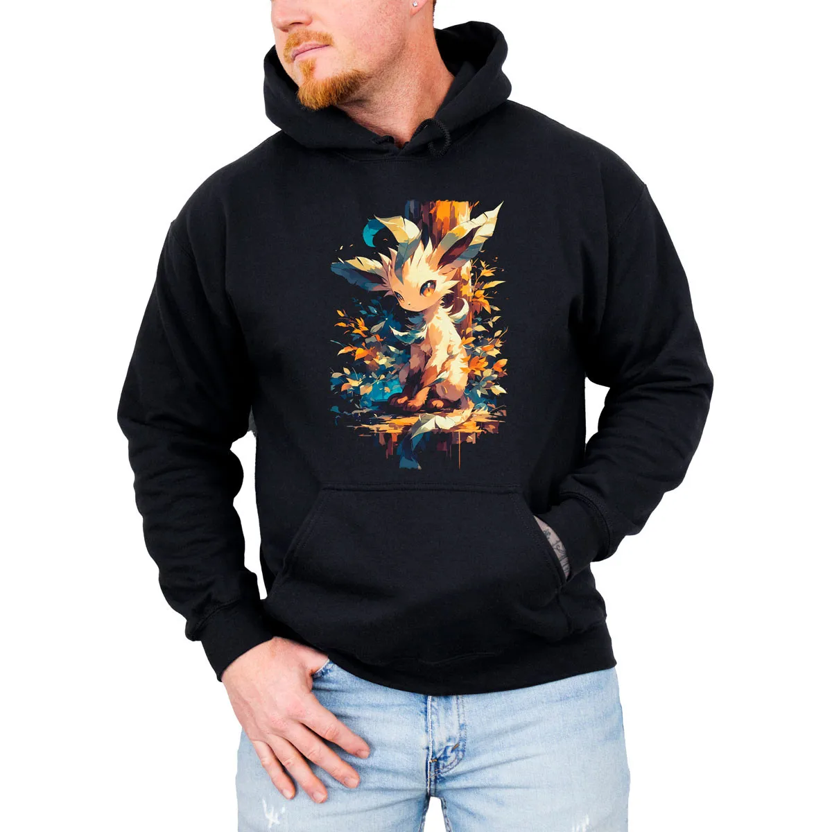 

Толстовка унисекс с капюшоном из хлопка и флиса Pokemon Fox Creature черного цвета с синими ушками в осенних листьях свободного покроя ​