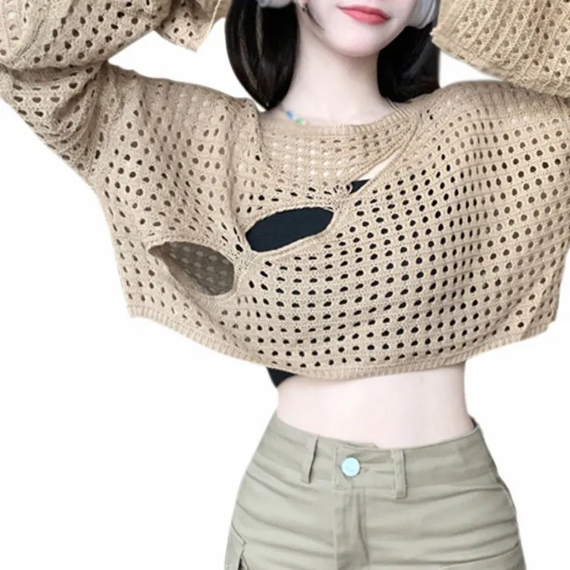 Women Round Neck Loose Mesh Cropped Navel  Tops Blouse See-through Women\'s Pullovers Shirt