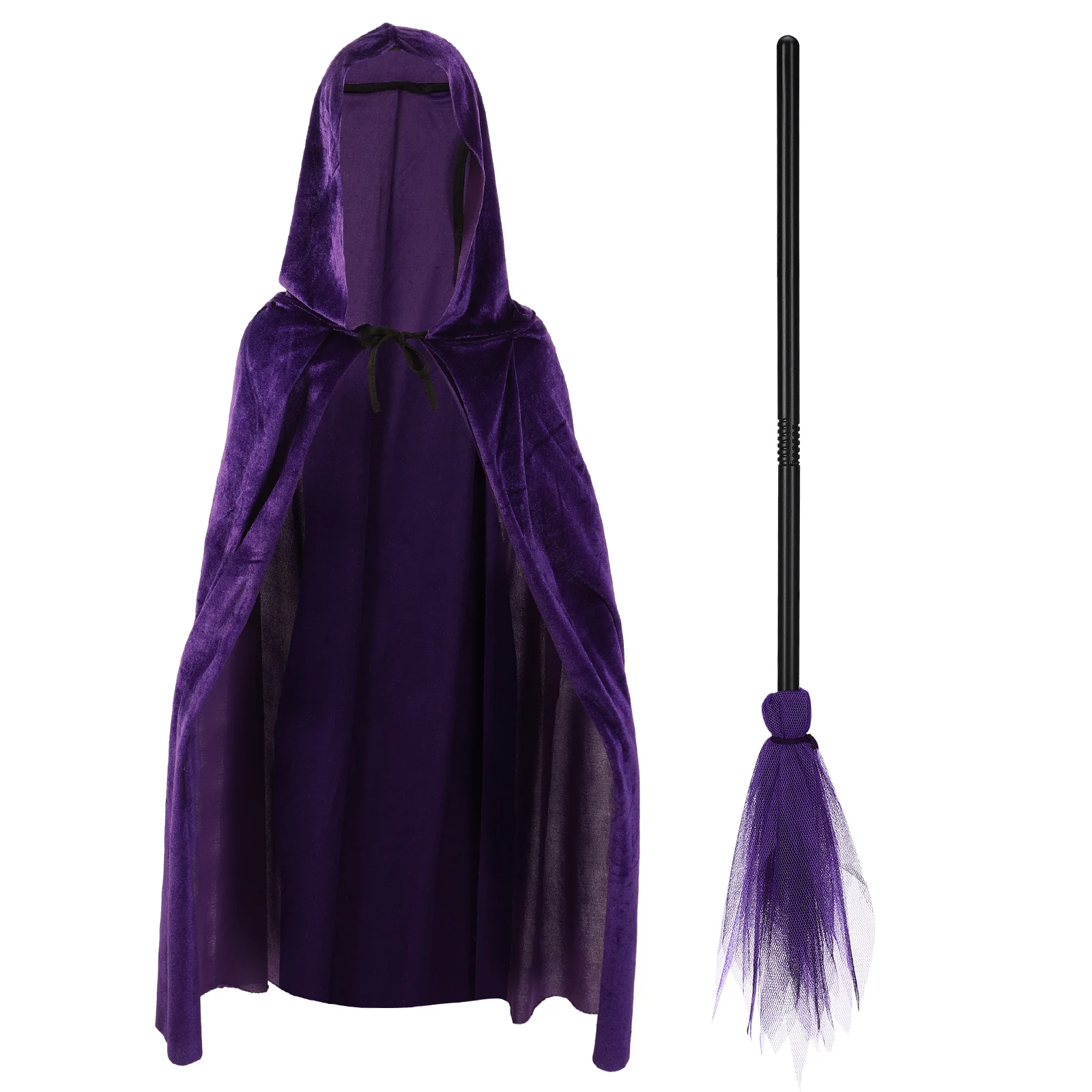 

1 set Purple Broom Cloak Set Halloween Witch Costume Accessory Hooded Cape For Cosplay Party Decorative Prop Lightweight