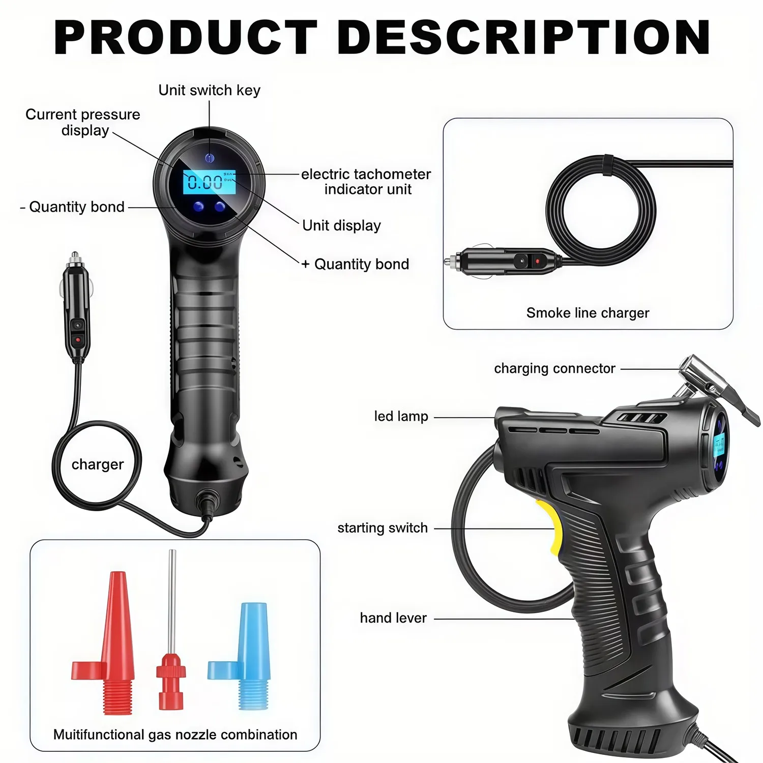 120W Car Tire Inflator Wired/Rechargeable Wireless Inflatable Compressor Accurate Pointer/Digital LED Display Automatic Air Pump