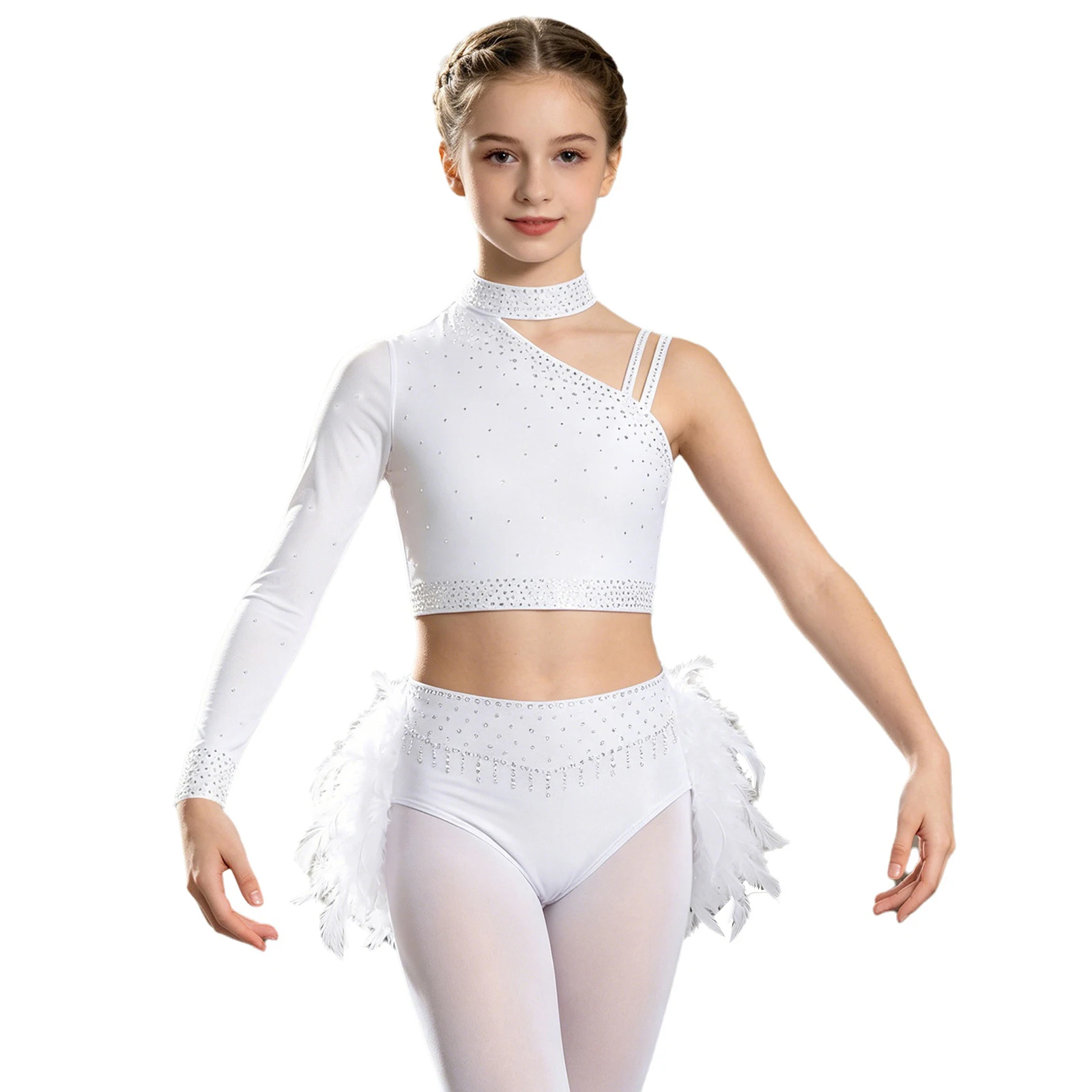 

Kids Girls Ballet Dance Gymnastic Outfit Shiny Rhinestones Crop Tops with Feather Leotard Briefs Figure Skating Modern Dancewear
