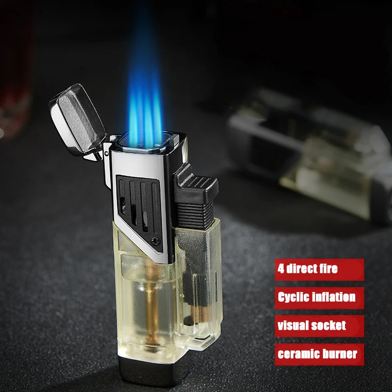 

New Lighter Four-nozzle Visible Gas Micro-spray Spray Gun Straight Into The Windproof Cigarette Lighter Can Light Cigars