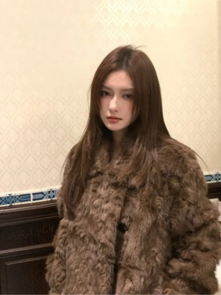 brown fur coat short square collar small lake and mixed for women