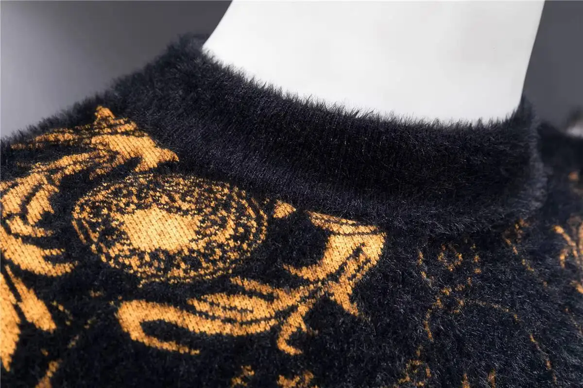 자카드 밍크 플리스 배색 의류 두꺼운 빈티지 그래픽 프린트 긴팔 슬림 풀오버 스웨터 소셜 스트리트웨어