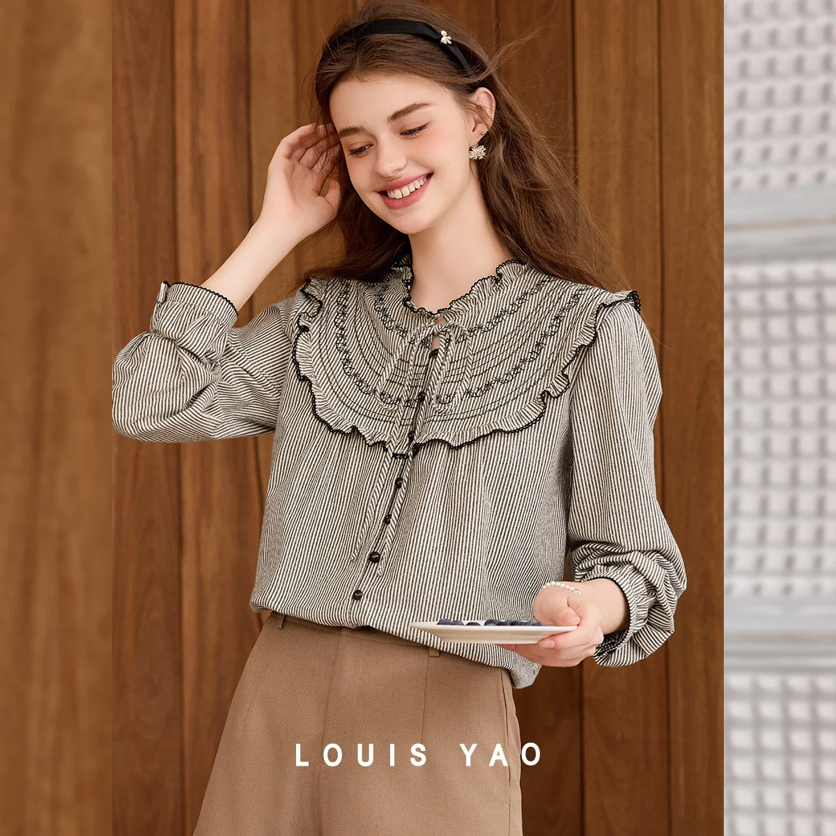 

Lace-up Striped Women Shirt 2025 Autumn Ruched Single-button Tops Long-sleeved Blouses Women's Clothing Chic Street Wear