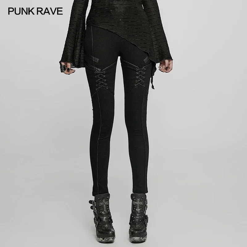 Punk Rave Dames Punk Daily Strakke Pasvorm Jeans Gesplitst Faux Lederen Persoonlijkheid Zwarte Broek Vrouwen Trekkoord Design