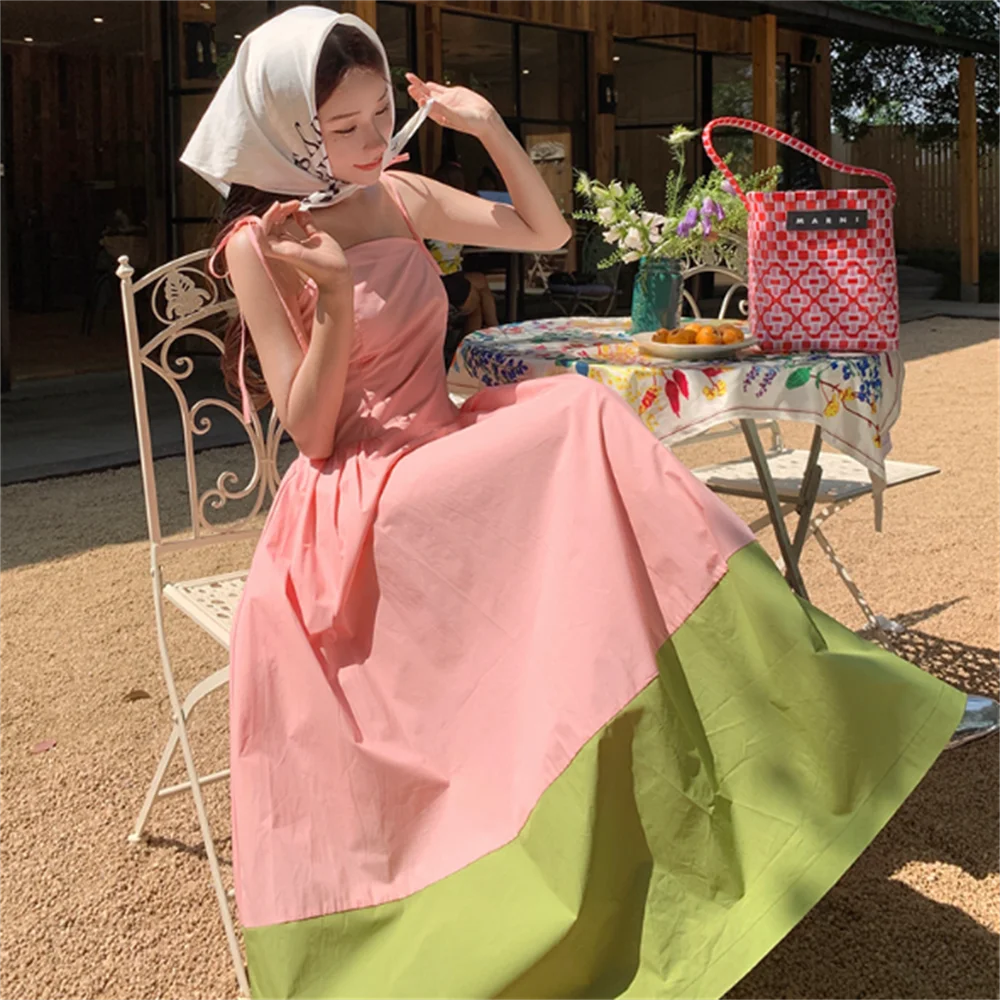 

pink and green sweet temperament sling dress women's summer seaside holiday long dress