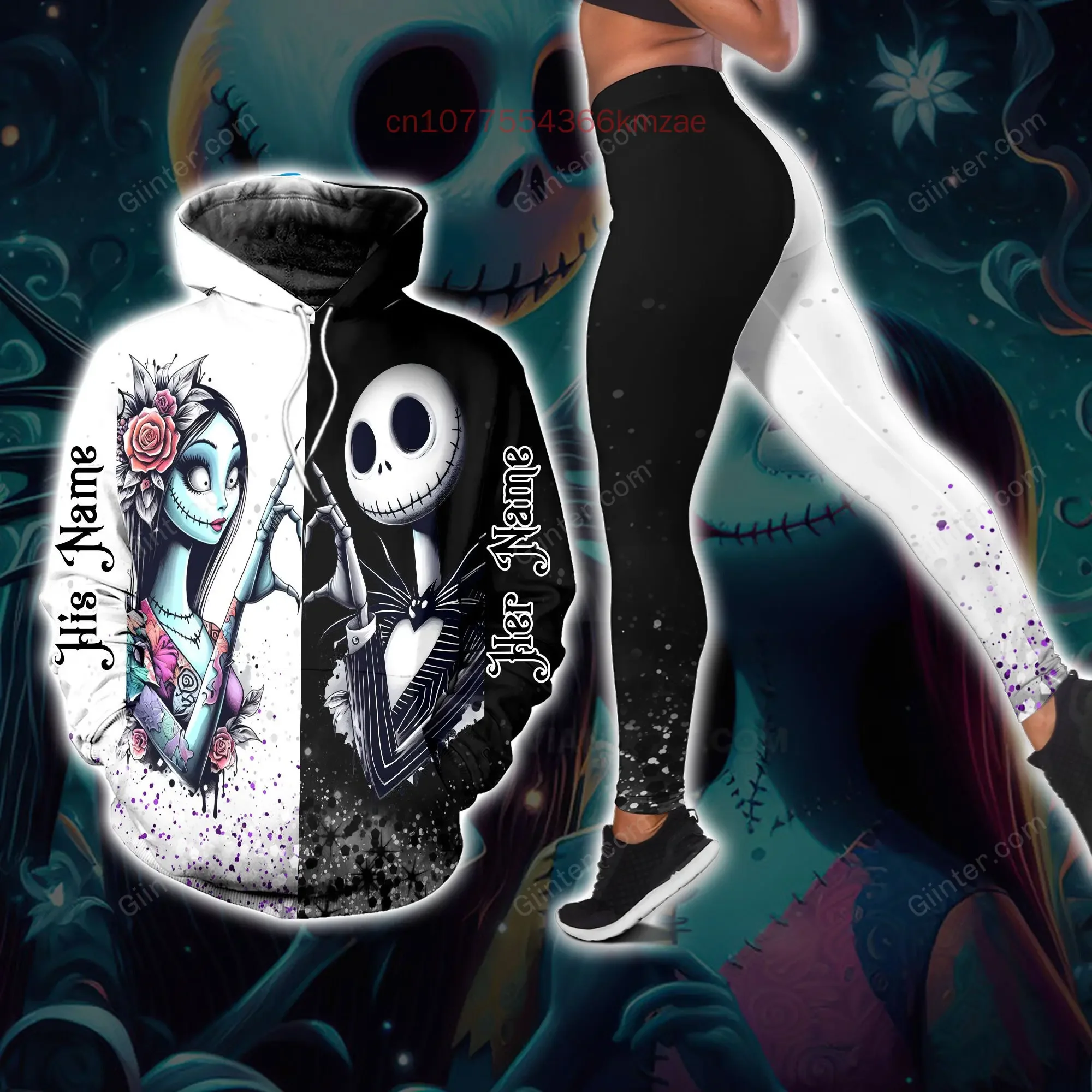 Personalizado disney jack skellington moletom com capuz e leggings feminino natal calças de yoga moletom moda esportes terno
