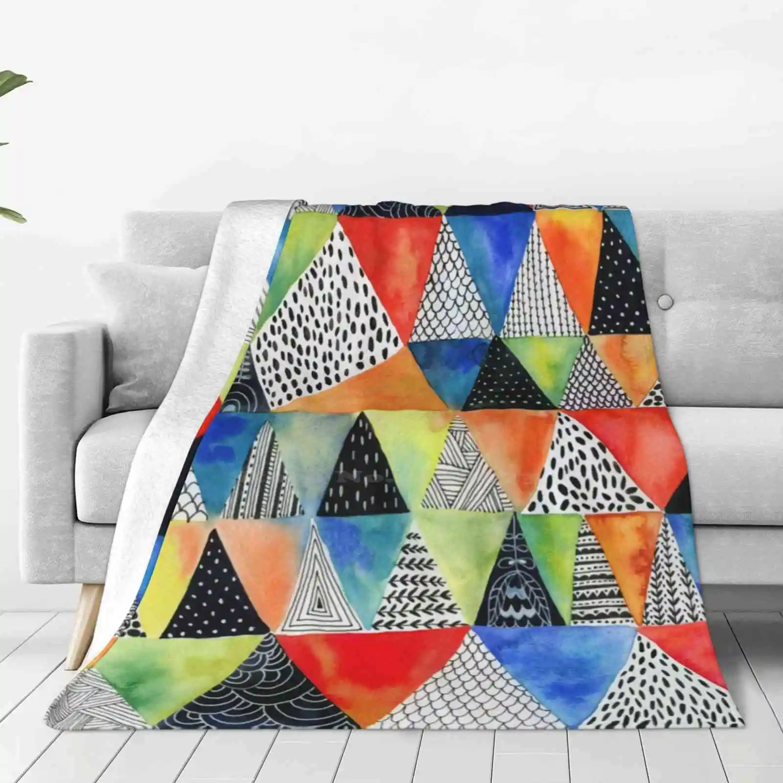 Doodled Geometry Latest Super Soft Warm Light Thin Blanket Triangles Geometric Pattern Ink Colorful Bright Watercolor Abstract