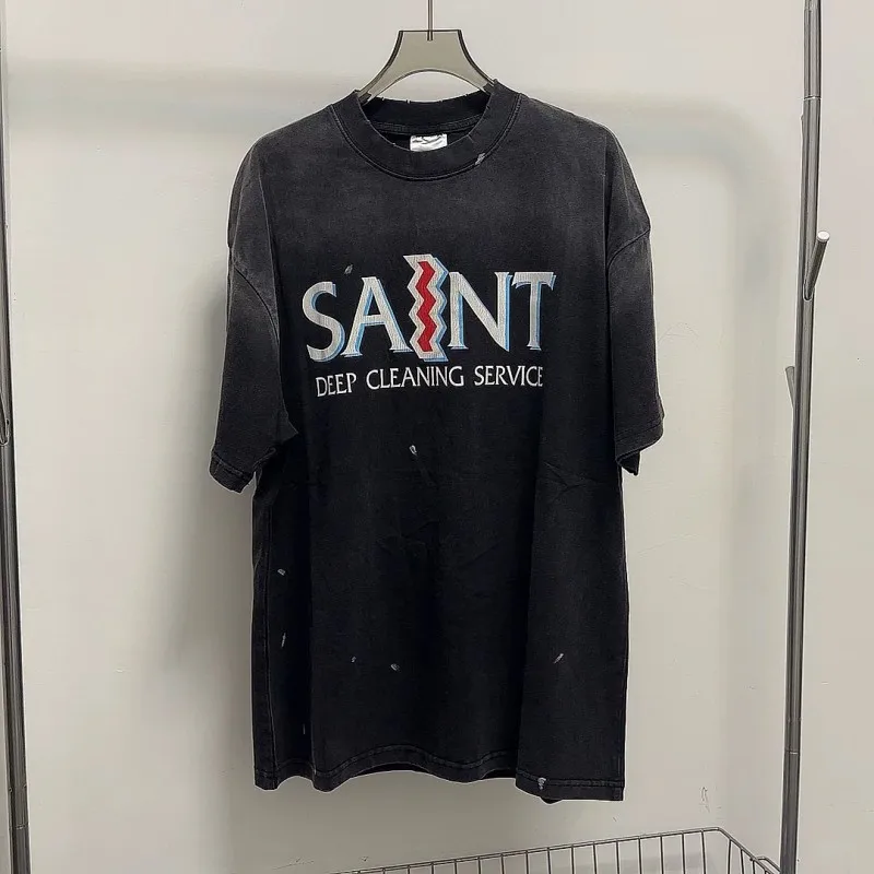 Vintage Distressed Black Washed Worn Splashed Ink Saint Tshirts Graffiti Personalized Letter Round Neck Short Sleeve Men Women