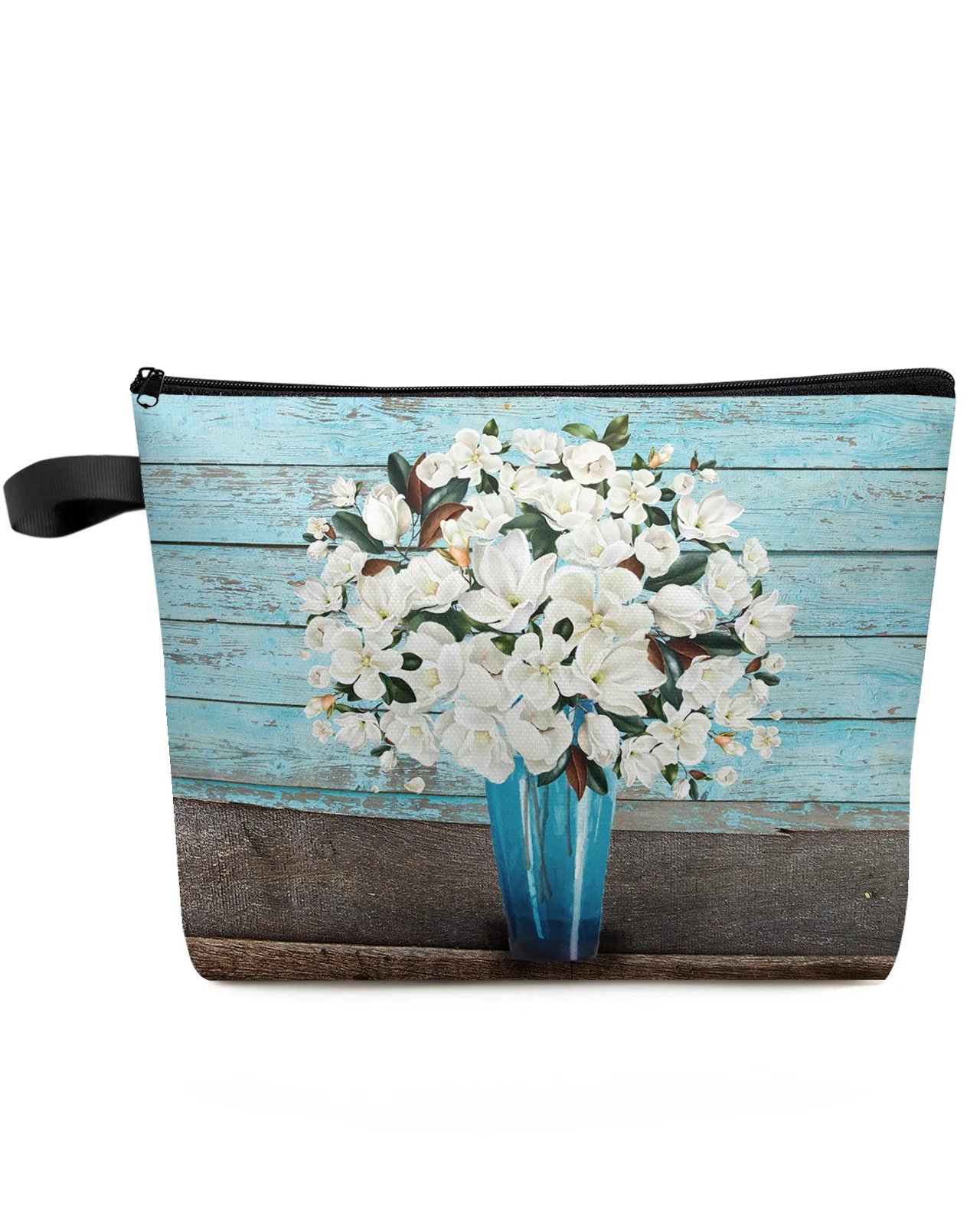 White Magnolia Flower Vintage Wood Grain Makeup Bag Pouch Travel Essentials Women Cosmetic Bags Organizer Storage Pencil Case