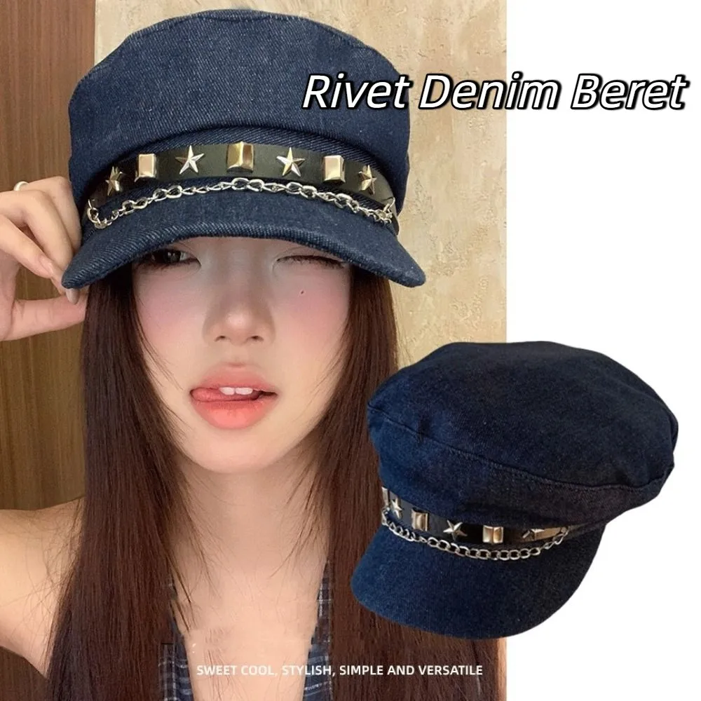 

Casual Cloth Rivet Denim Beret British Style Newsboy Cap Denim Octagonal Hat Korean Style Cotton Retro Painter Hat Autumn