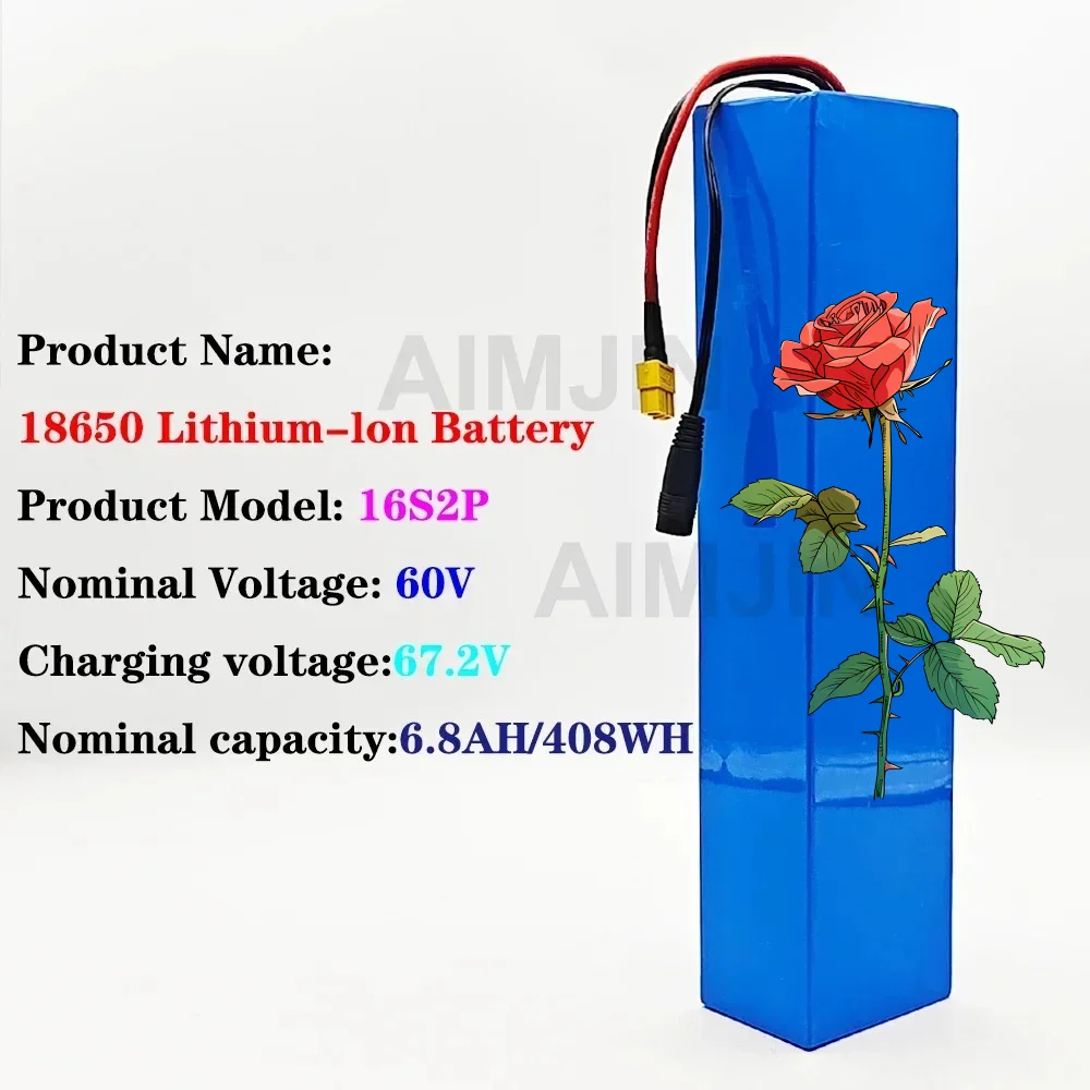 

Bike Scooter 18650 Lithium Ion 16S2P Battery Pack New 60V 6800mAH 6.8Ah E-Bike With BMS + 67.2V Charger