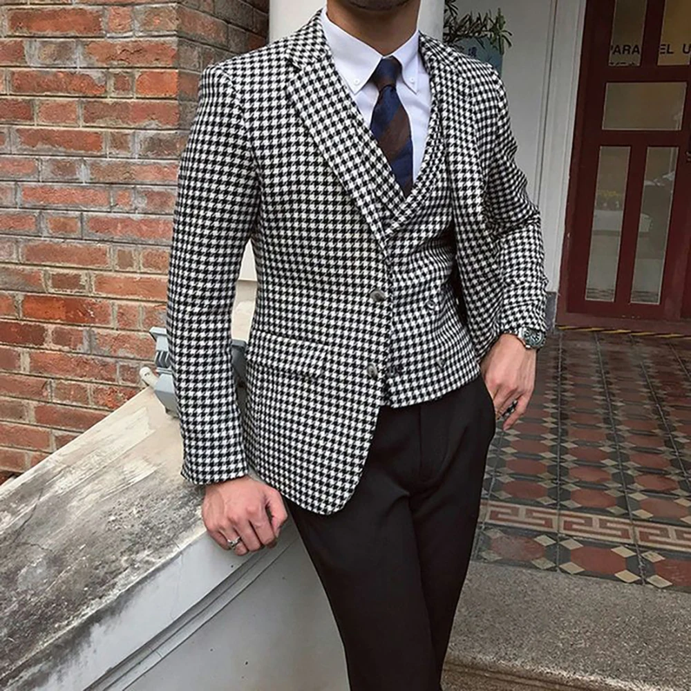 Classic Houndstooth Suits for Men Single Breasted Notch Lapel Flat Front 3 Piece Jacket Pants Vest Bespoke Costume Homme Outfits