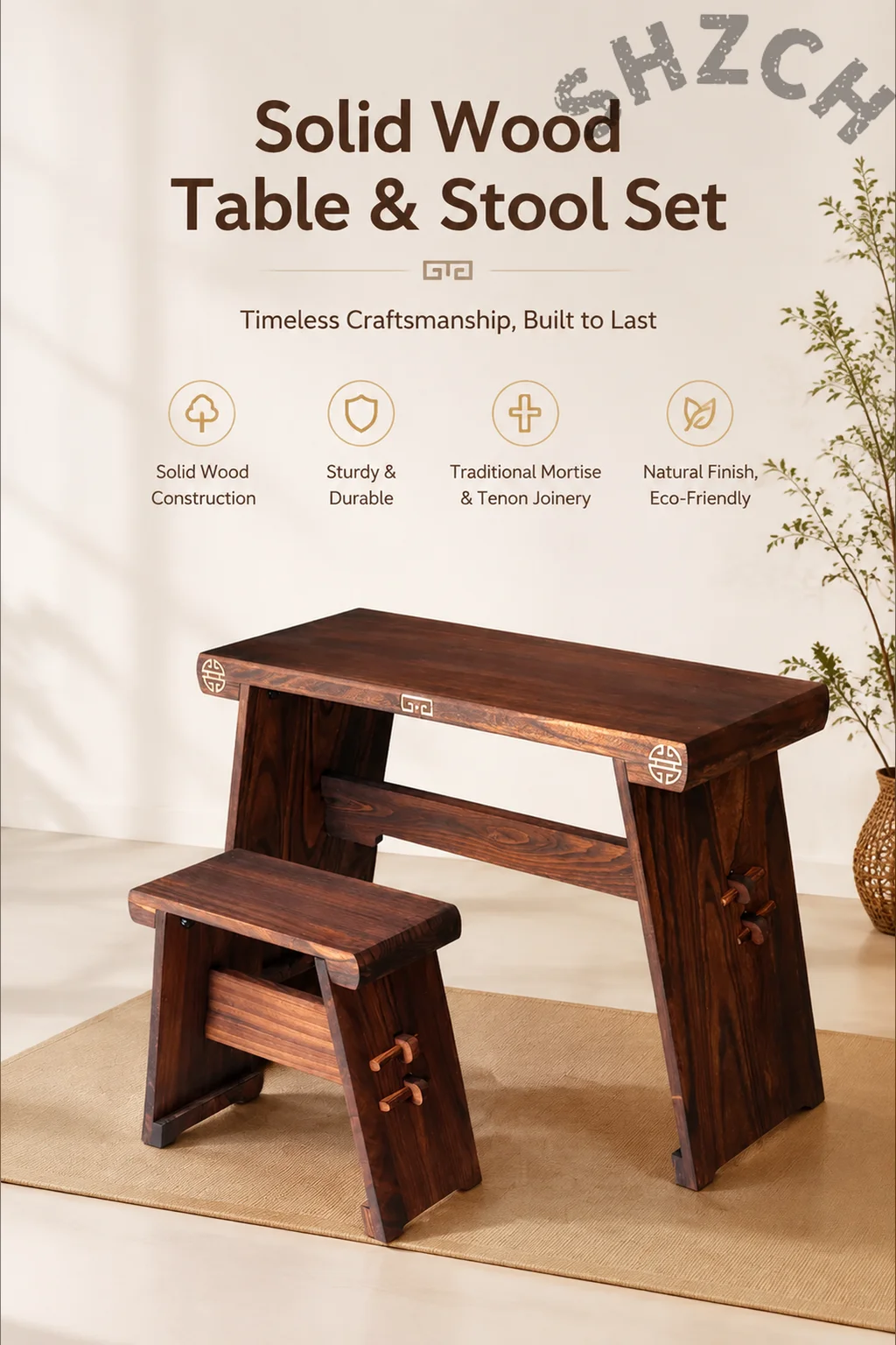 Traditional Paulownia Guqin Table and Bench Set – Portable Solid Wood Tea Desk for Home Decor