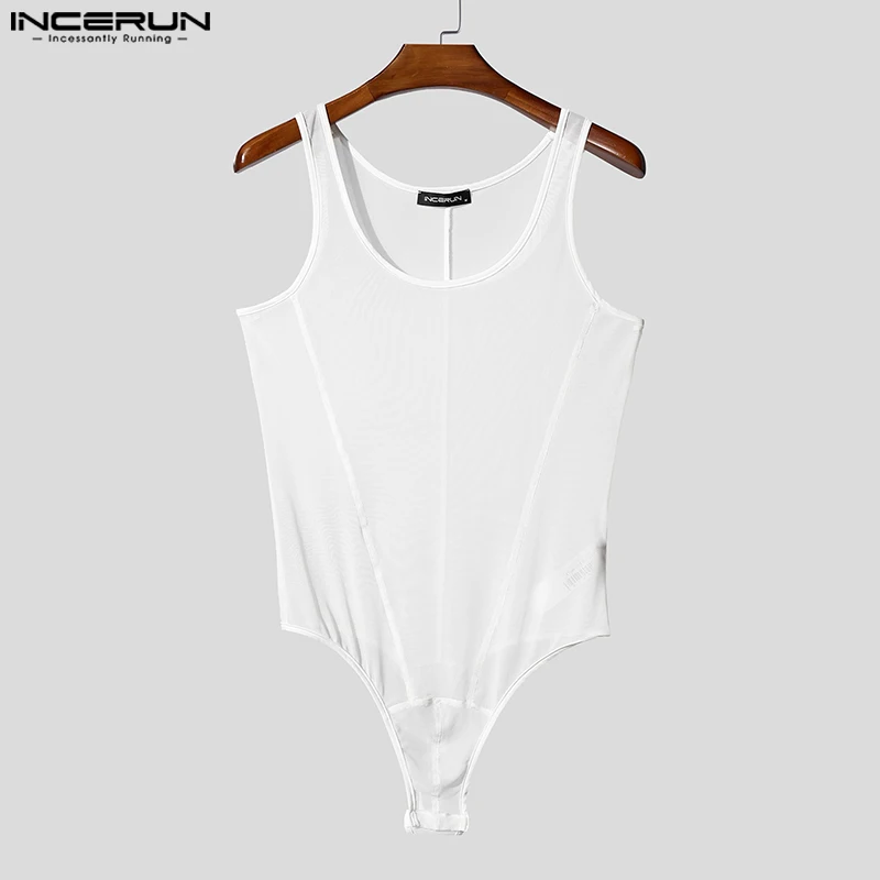 INCERUN Men Bodysuits Solid Color Mesh Transparent O-neck Sleeveless Male Rompers Sexy 2025 Playsuits Fashion Cozy Bodysuit Men