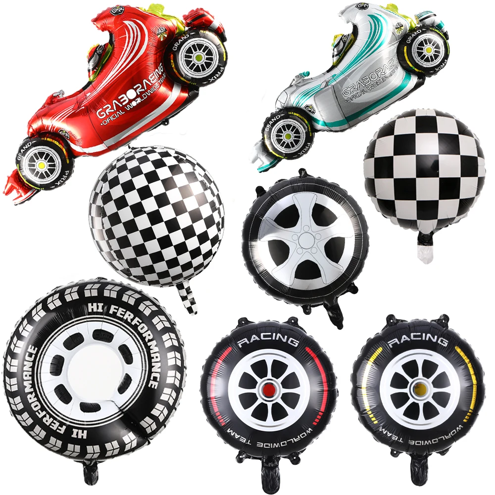 5pcs Racing Car Balloon Set Wheel Helmets Foil Balloon Racing Checkered Balloon Black Two Fast Theme Boy Birthday Party Decor