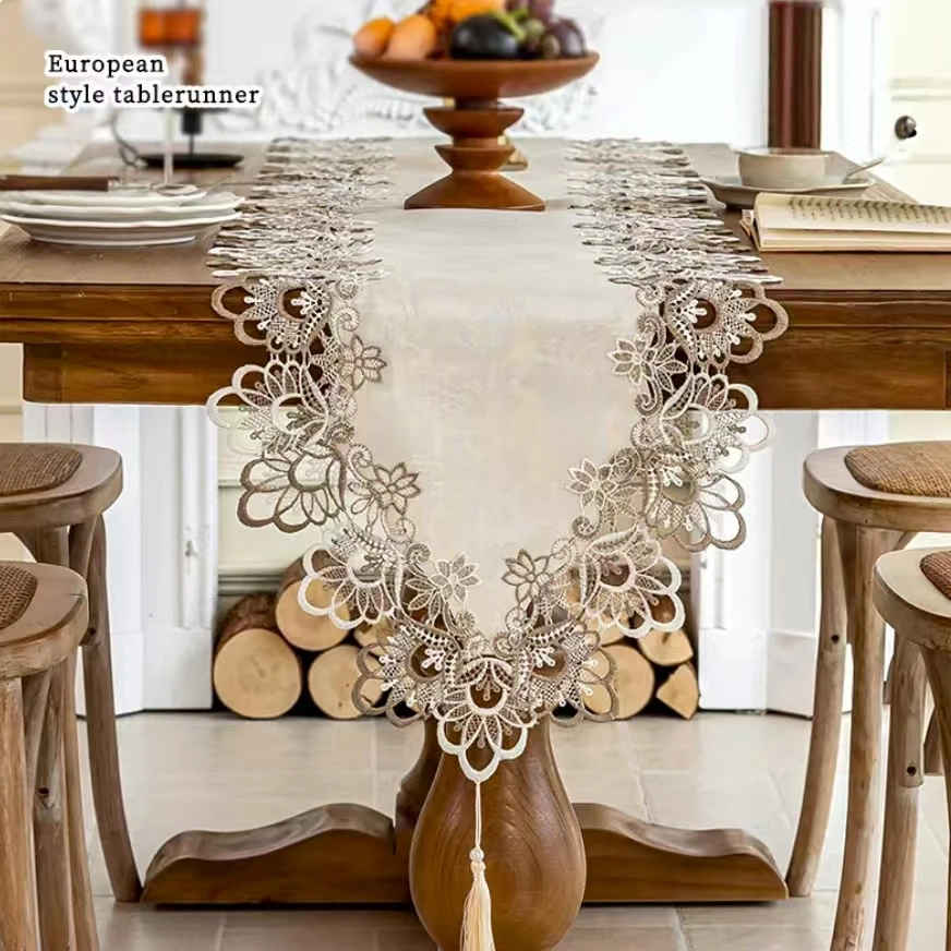 French-Style Embroidered Lace Table Runner, Light Luxury High-End Dining Mat, American Retro Five-Drawer Cabinet Cover Cloth, Pastoral Style