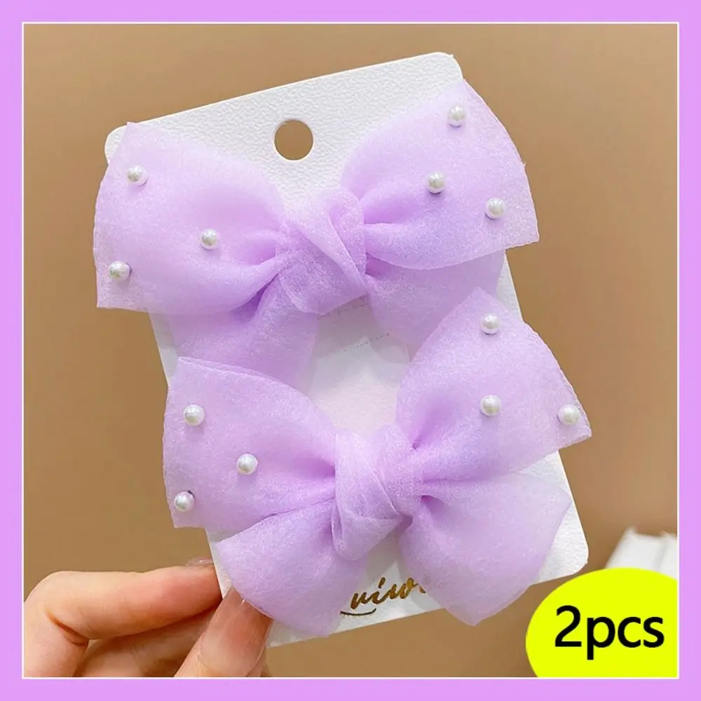 2pcs/Set New Cute Bow Hair Clips with Imitation Pearls Multicolor Side Barrettes Sweet Headdress Bangs Broken Hairpin