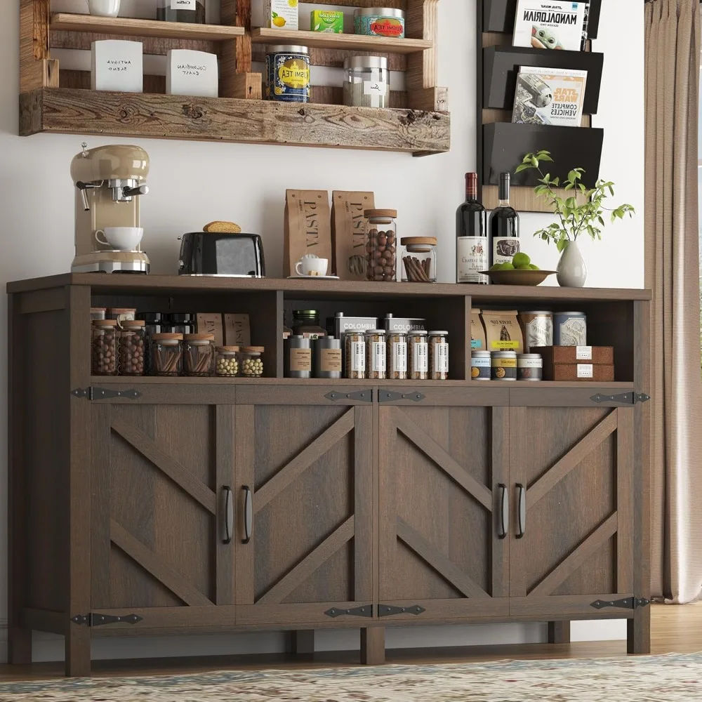 Large Farmhouse Style Buffet Sideboard with 4 Doors and Ample Storage for Kitchen and Coffee Bar