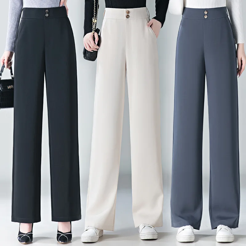 Spring Fall New Fashion Women's High Waist Wide-Leg Casual Trousers with Excellent Drape and Premium Look Straight-Leg Trousers