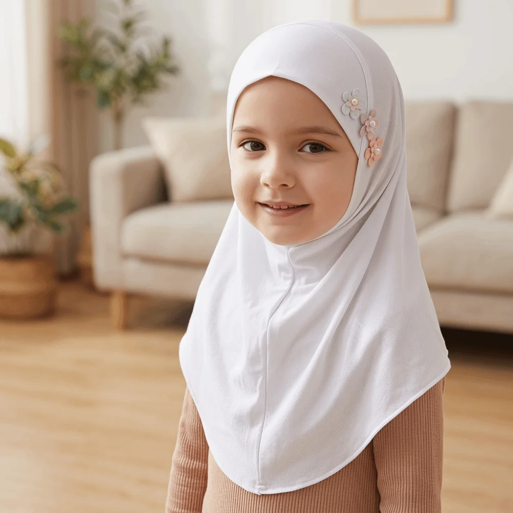 Soft Little Girls Pull-On Hijab with Floral Ornament Stretch Head Wrap Turban Non-slip Breathable Crystal Linen Headscarf