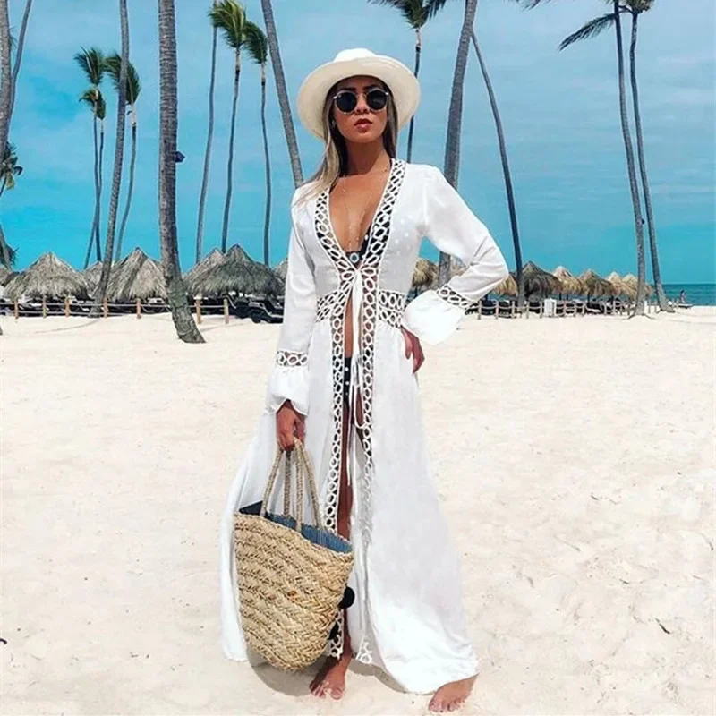 2024 Szydełkowa Biała Dzianinowa Sukienka Plażowa Tunika Długa Pareo Bikini Cover Ups Swim Cover Up Robe Plage Beachwear