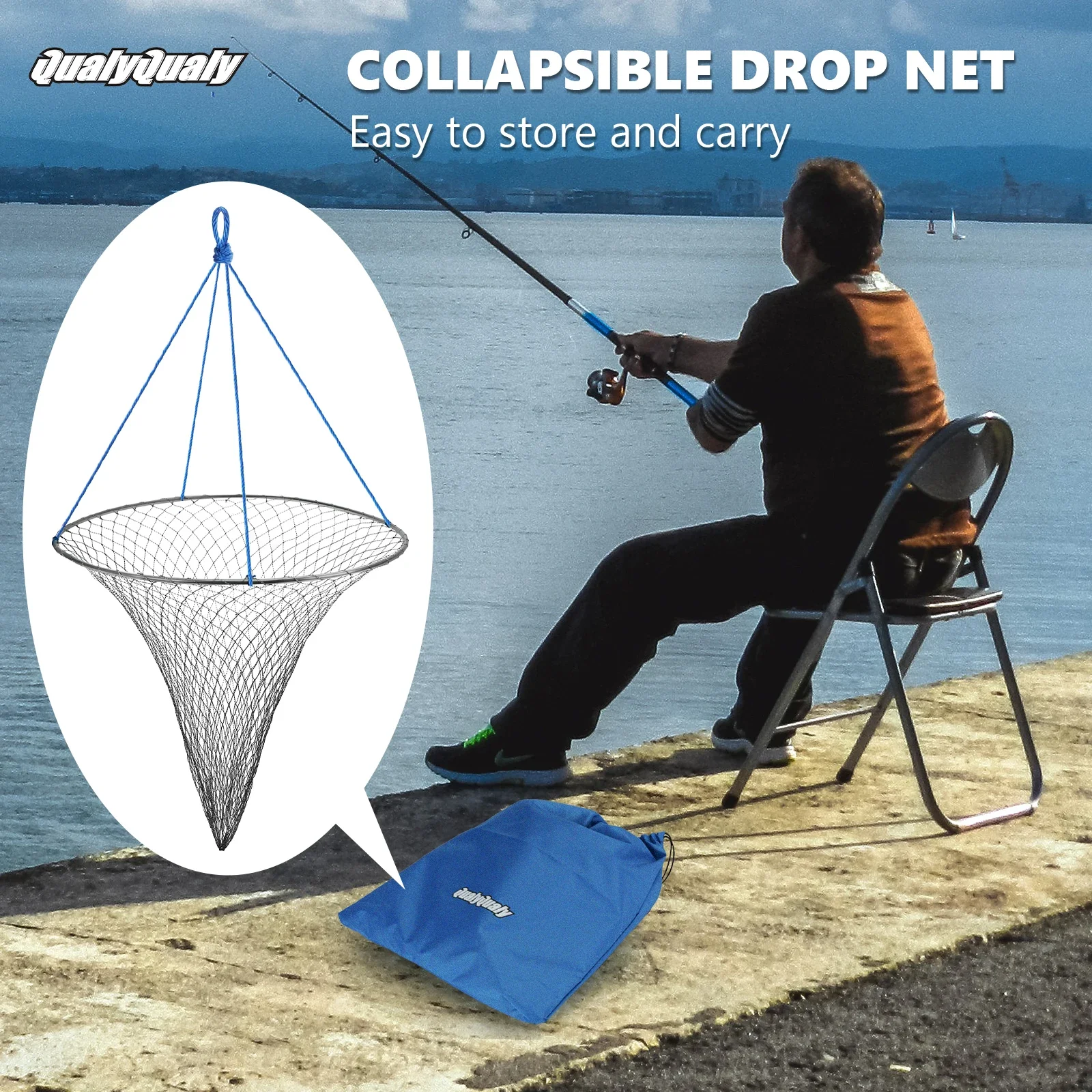 

Bridge Pier Fishing Net Foldable Drop Net for Pier Fishing with Rope Landing Net with Durable Soft Steel Hoop and Nylon Mesh Net