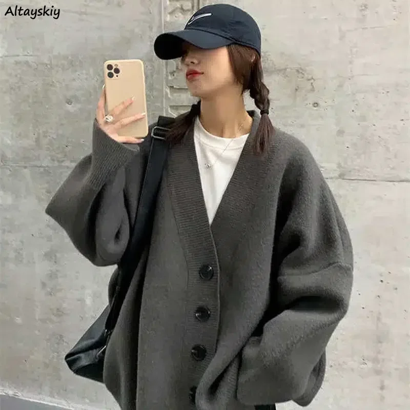 Lazy Style Solid Cardigan Women Harajuku Loose Autumn V-neck Кардиган Женский Elegant Streetwear Ulzzang Unisex Popular Stylish