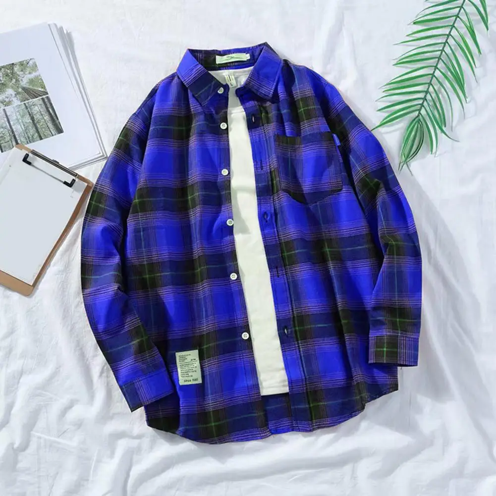 2024 Plaid Print Loose Men Shirt Lapel Long Sleeves Patch Pocket Single Breasted Shirt Coat Spring Autumn Cardigan Shirt Coat