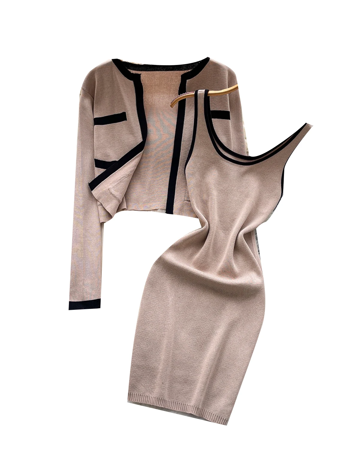 벨트가 있는 니트 롱 스웨터 오픈 가디건 아우터웨어, 하이 웨이스트 스트랩, 드레스 패션 컬러 블록 여성 세트