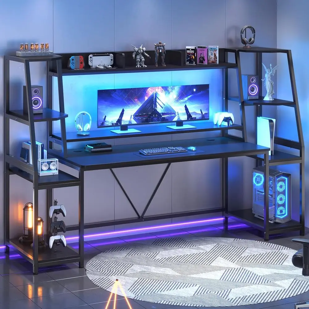 79'' Gaming Desk with LED Lights, Hutch and Storage Shelves, Black | Computer Desk with Monitor Stand, Large PC Gamer Desk Works