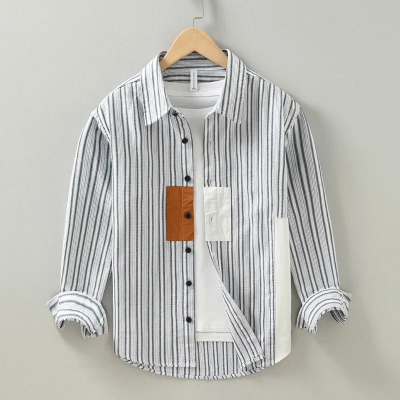 

Casual Striped Patchwork Collar Long Sve Men's irt Youth Outerwear Autumn Season Cotton 00% No Iron Treaent