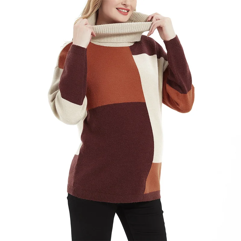 Maternity Turtleneck Sweaters Winter Warm Long Sleeve Color Block Knit Pullover Sweater Tops Pregnancy Women Clothes