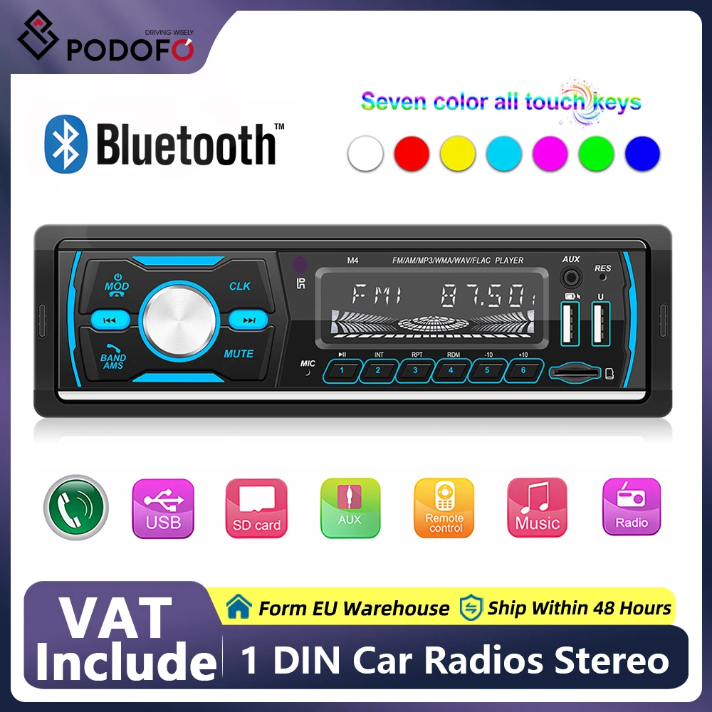 Podofo Car Audio Radio 1din Bluetooth Stereo MP3 Player FM Receiver 12V Support for Fast Phone Charging AUX/USB/TF Card