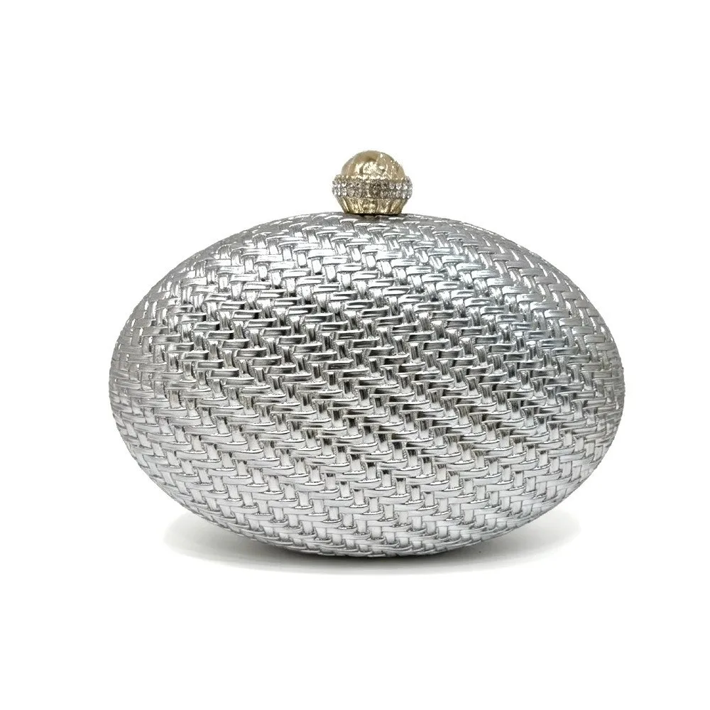 PU Evening Clutch Bag Oval Shape Rhinestone Closure Hard Shell Crossbody Bag Metallic Woven Detachable Chain Braided Handbag view 4