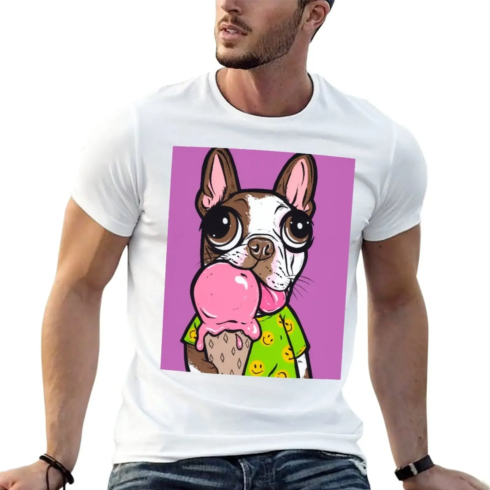 Brown Boston Terrier Ice Cream T-Shirt sweat funnys Short sleeve tee fruit of the loom mens t shirts