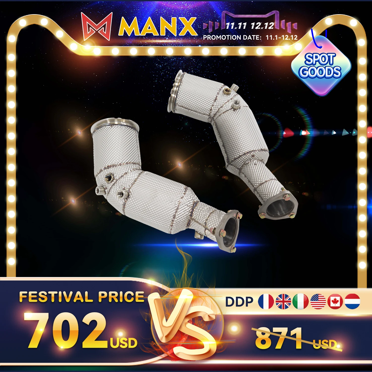 

11.11 Catalyzed Downpipe Catless Downpipe for Audi RS6 RS7 C8 Stainless steel Performance Exhaust pipe with heat shield