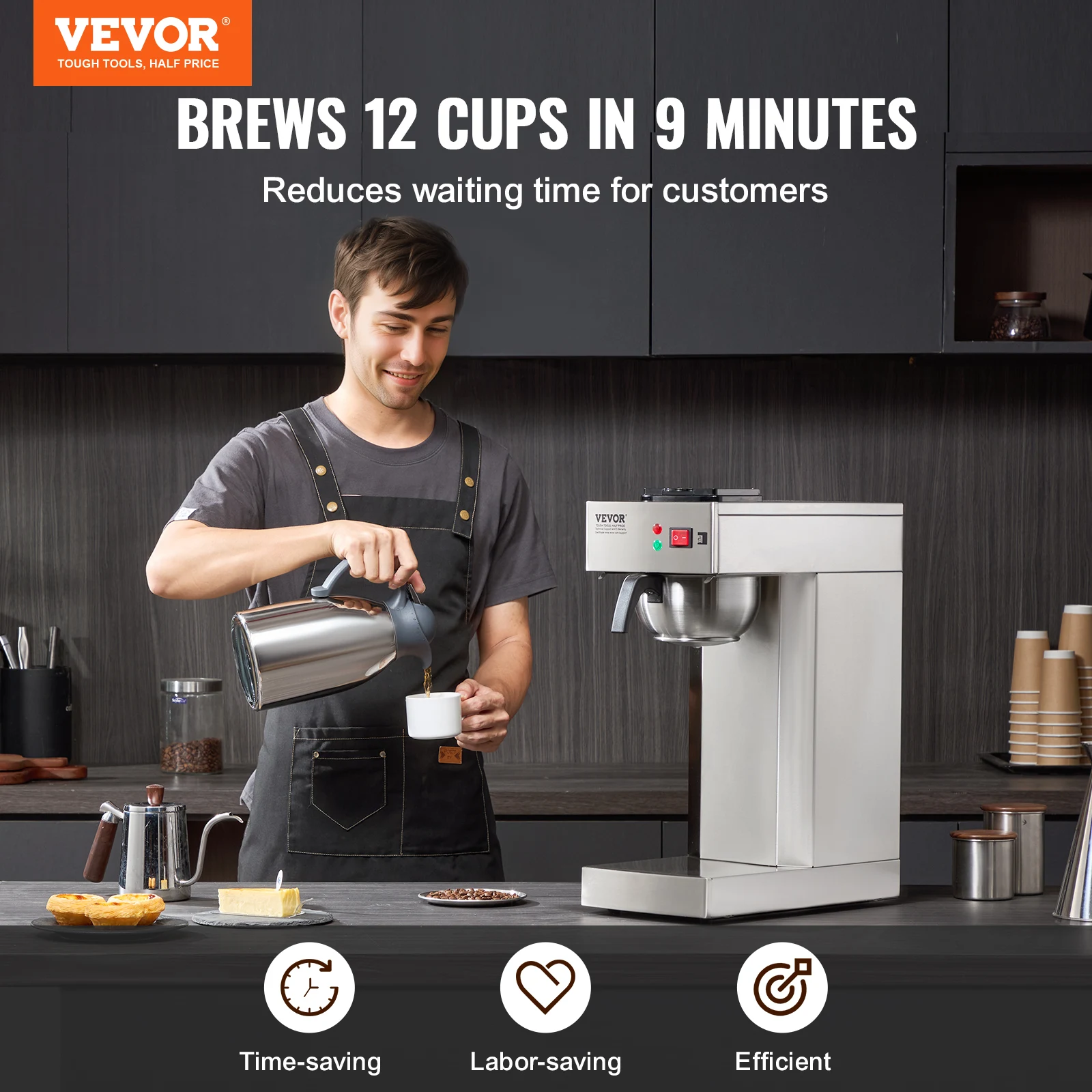 VEVOR 12 Cups Commercial Drip Coffee Maker, Stainless Steel Pour Over Coffee Brewer with Thermal Carafe to Keep Warm or Cold