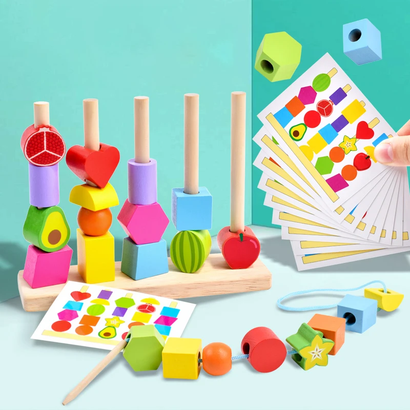 Wooden Stacking Toys Montessori Fruit Shape Matching Puzzle Building Blocks Color Cognition Early Educational Kids Gift Toys