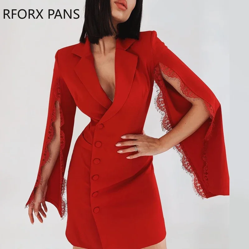 Abito rosso da lavoro aderente Sexy aderente con maniche lunghe a maniche lunghe in pizzo con colletto dentellato elegante da donna