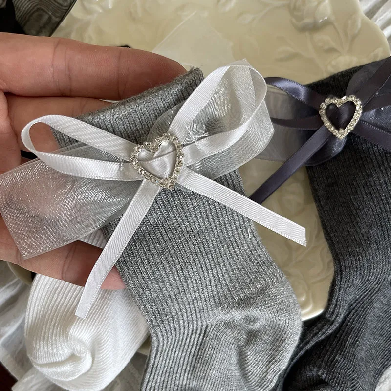 1 Pair NEW Crystal Heart Calf Socks for Kids Girl Tulle Bow Mesh Trim Sock Sweet Princess Spring Fall Children Socks Age 3-12