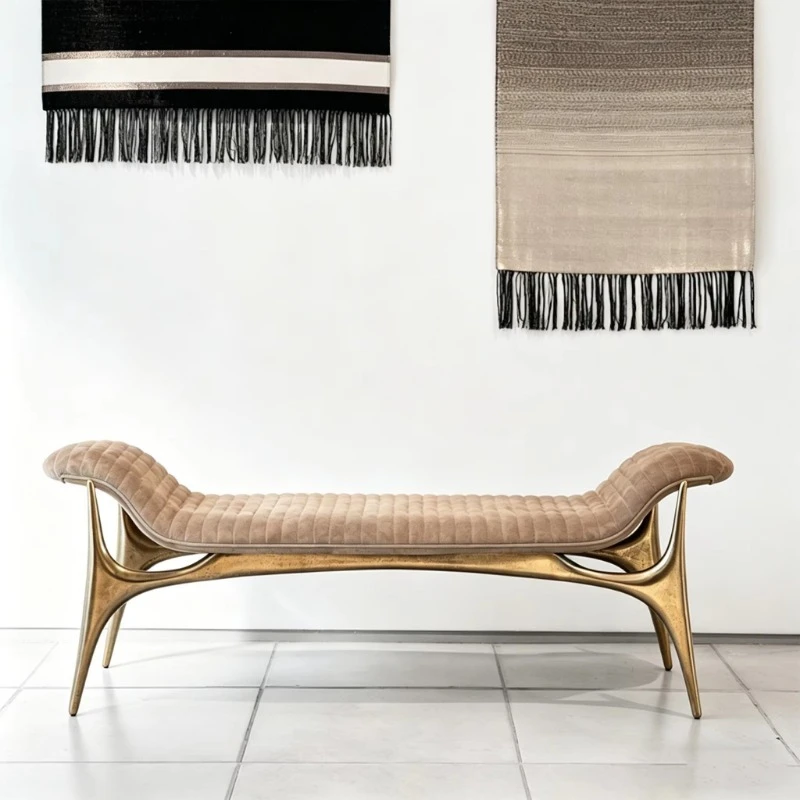 High-end handmade lightweight velvet upholstered bench with gold metal frame, suitable for hotel lobby villas