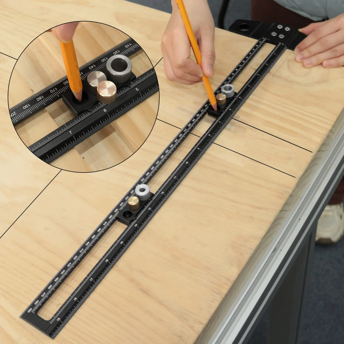 Multifunctional Dowelling Jig with Drill Sleeves, 2 in 1 Drilling Positioning Cross-line Scoring Ruler Adjustable Marking Square