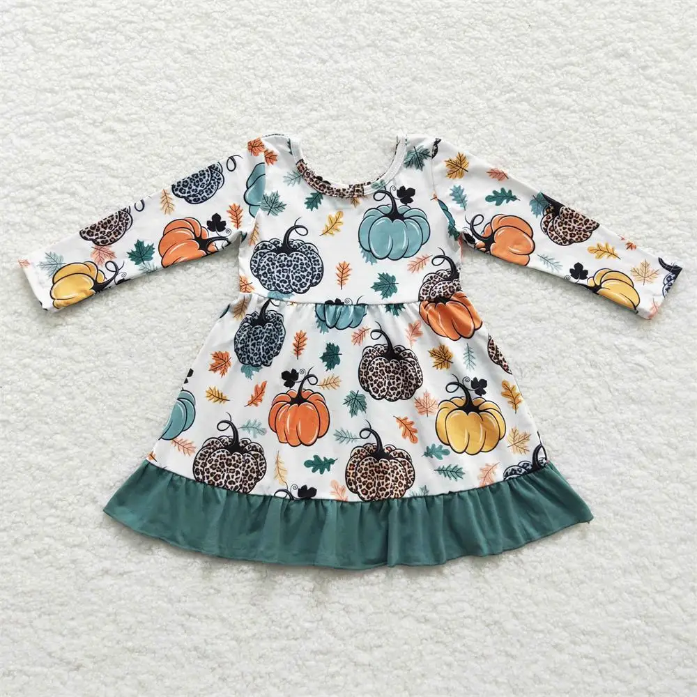 Wholesale Children Leopard Pumpkin Dress Long Sleeves Kids Infant Thanksgiving Baby Girl Toddler Halloween Green Ruffle Clothes